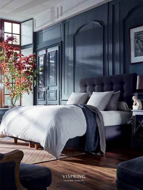 Vispring boxspring, hoofdbord Achilles,knopen,gecappitoneerd,blauw,antraciet,luxe bed,london,slapen