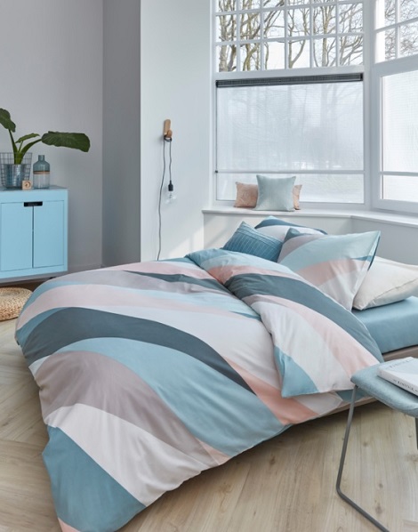 Overtrek Domingo pastel,katoen,Beddinghouse,modern,grafisch,blauw, groen, taupe, zachtroze en wit