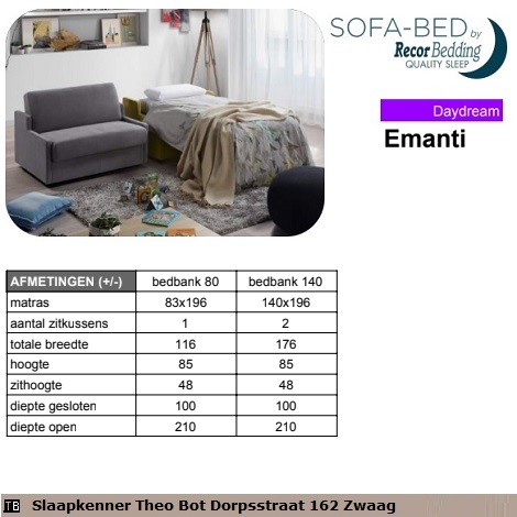 Slaapbank Emanti,eenpersoons opklapbank,80 cm. breed, 140 cm.breed x 200 cm. lang,Sofabed, Daydream