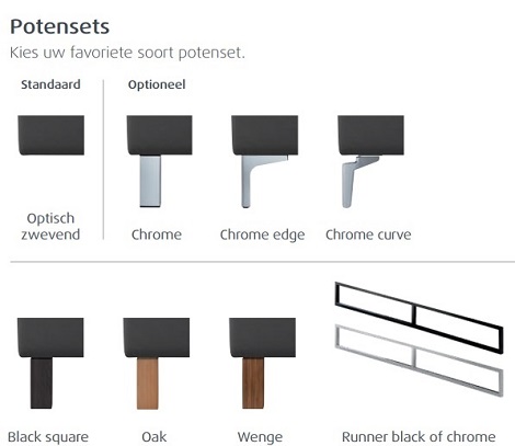 Tempur Relax bed kies poot standaard_chrome_edge_curve_zwevend_black square,oak,wenge,runner