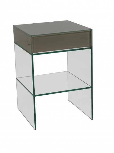 Bijzettafel glas met softclose lade 60 cm. hoog. lade taupe kopen
