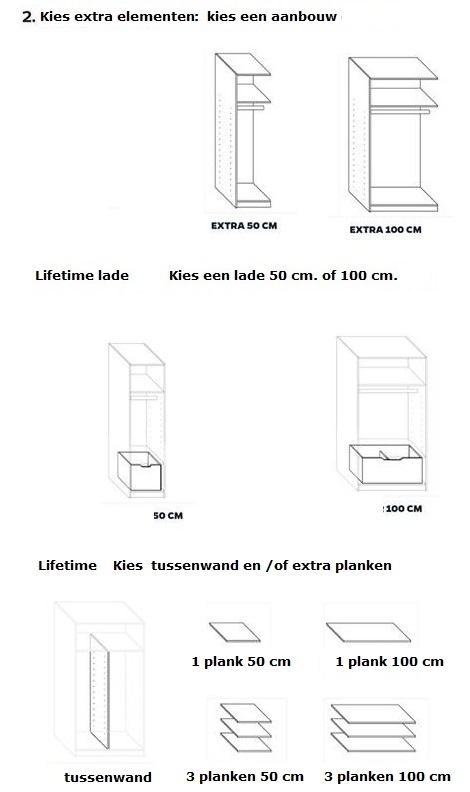  Lifetimekast aanbouw element 50, 100 cm, lade, plank, tussenwand, kleur white wash, witgelakt, grey