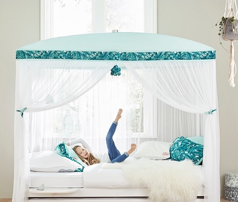 Hemelbed wit met slaaplade,bedlade, botanical garden Lifetime kinderkamer, meisje, turquoise voile