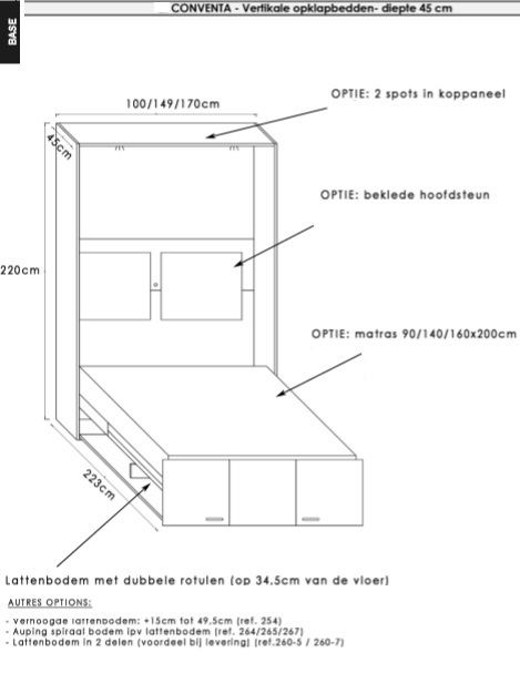 Opklapbed Base Conventa 45 diep, 90, 140 en 160 cm. breed