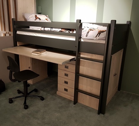 Opruiming halfhoogslaper met bureau en kast hout, laden, 90x200, antraciet, stone,stoer bed