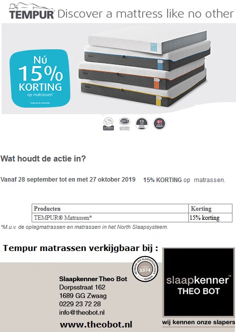 Tempur matras actie 15 procent korting tot 27 oktober 2019