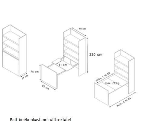 Bali boekenkast met uittrektafel, sepia bruin, eik